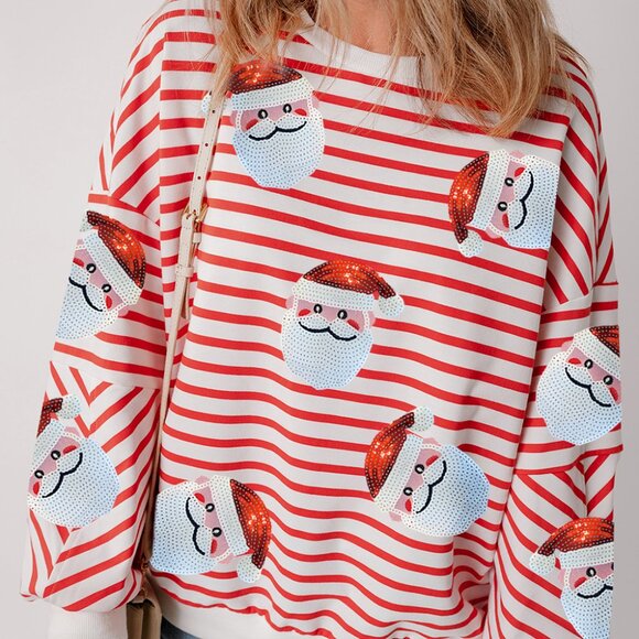 Boutique Tops - B311 Stripe Sequin Santa Claus Christmas Pullover Sweatshirt